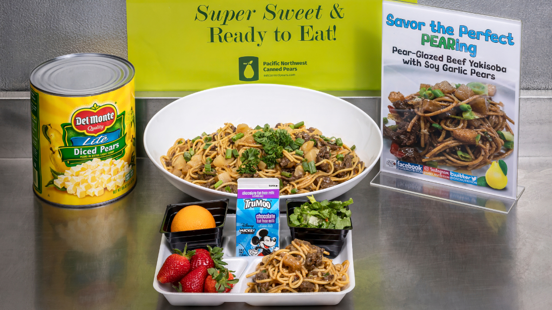 Plated Pear-Glazed Beef Yakisoba with Soy Garlic Pears Dish