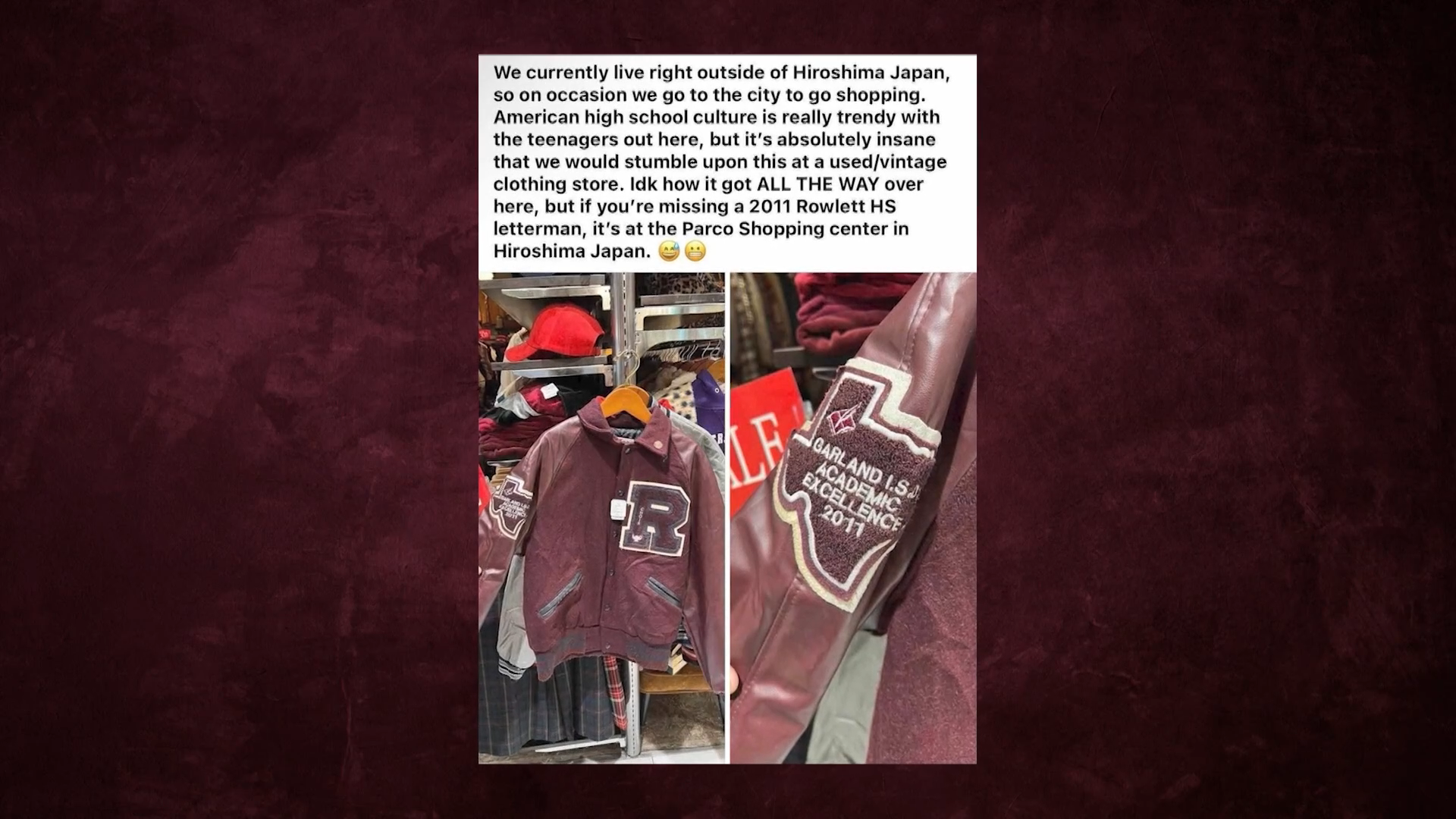 Image shows a Facebook post detailing finding a Rowlett High School letterman jacket at a small store in Japan