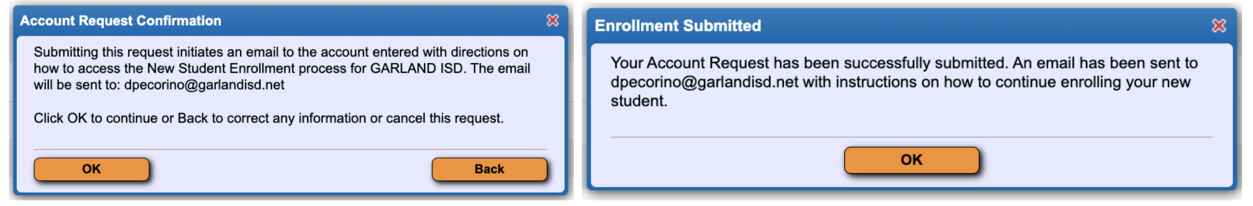 Screenshots of Skyward account confirmation messages
