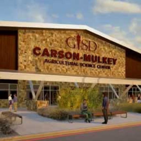 Rendering of the front of the building showing GISD and the building's name