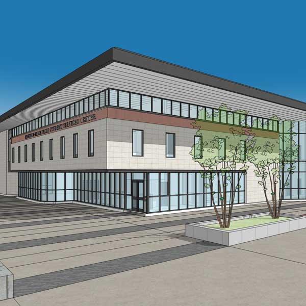 Rendering of corner of Student Services and Memorial Pathway building design