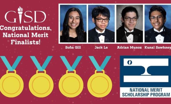 National Merit Finalists in GISD. Picture of winners on maroon background.