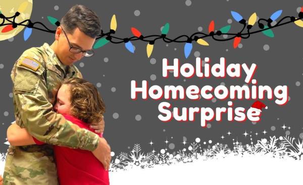 Bothers hug on snowy background with Christmas lights. The words, Holiday Homecoming Surprise appears