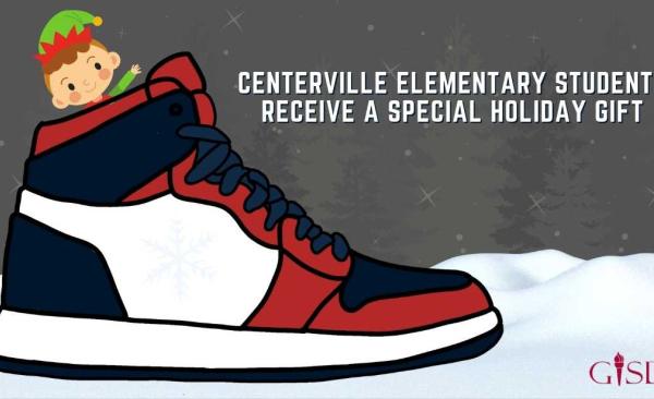 An elf sitting in an oversized shoe. The title reads, Centerville Students Receive a Special Holiday Gift