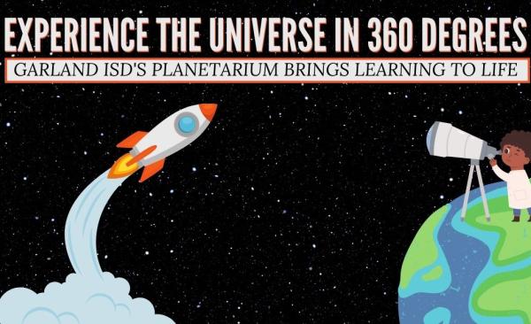 Kid standing on Earth looking at space with a rocket blasting off into orbit.