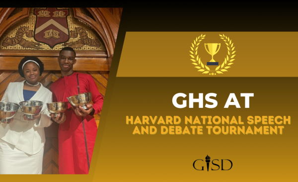 Graphic featuring two students pose with trophies with the text "GHS at Harvard National Speech and Debate Tournament".