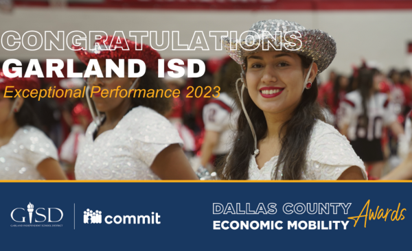 Student dancer smiles at the camera with text that reads Congratulations Garland ISD Exceptional Performance 2023
