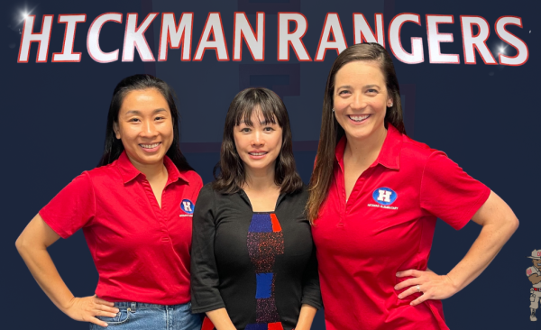 Three woman stand smiling with the words "Hickman Rangers" behind them