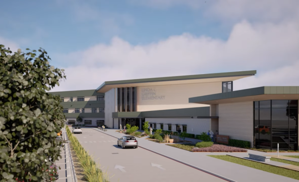 Digital design rendering of the exterior of a new elementary school