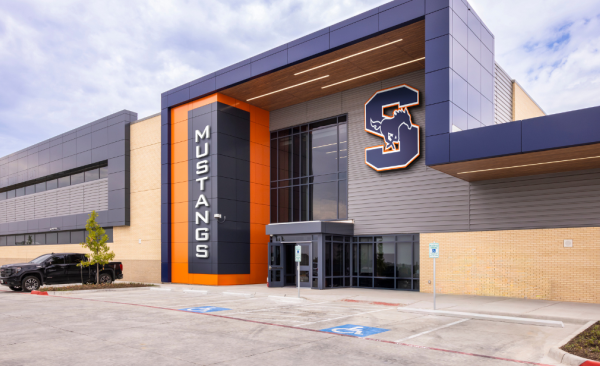 Exterior of a building with Sachse High School branding