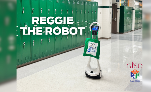 photo of mobile robot in a hallway with lockers