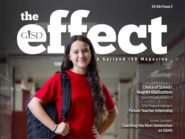 Cover of the effect newsletter with girl standing in hallway wearing a backpack