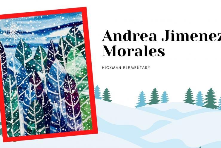 GISD Holiday Greeting Card Winner from Hickman Elementary Water color of forest during the winter