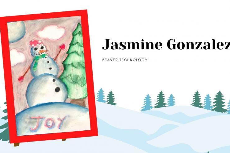 GISD Holiday Greeting Card Winner from Beaver Technology Center a water color drawing of a snowman on a snowy hill