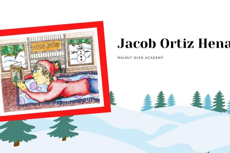 	GISD Holiday Greeting Card Winner from Walnut Glen Academy a drawing of a student dressed in a Santa hat reading by a fireplace during the winter