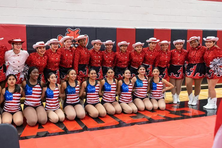 NGHS dancers and drill team posing for group photo