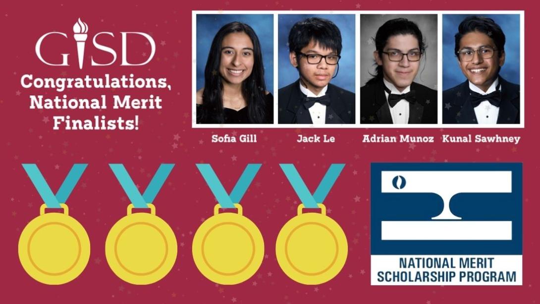 National Merit Finalists in GISD. Picture of winners on maroon background.
