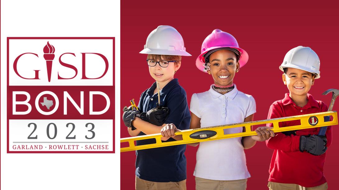 GISD Bond 2023 - Three Children Holding Level and in hard hats