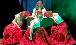 Actors mourning, dressed in traditional Spanish dress with day of the dead face paint.