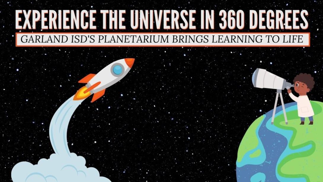 Kid standing on Earth looking at space with a rocket blasting off into orbit.