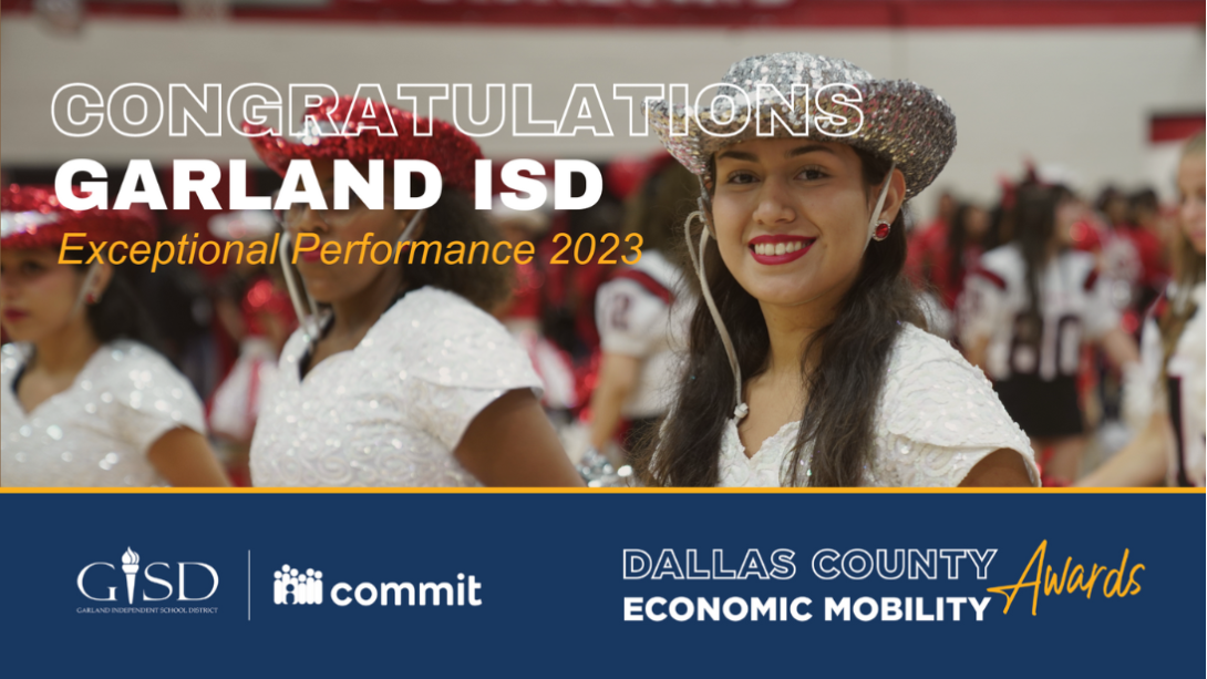 Student dancer smiles at the camera with text that reads Congratulations Garland ISD Exceptional Performance 2023