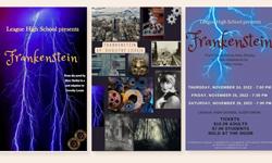 Shots of the promotional material for NGHS' "Frankenstein". Each features purple and blue hues, lightning strikes, and a mix of steampunk and silent film inspiration.
