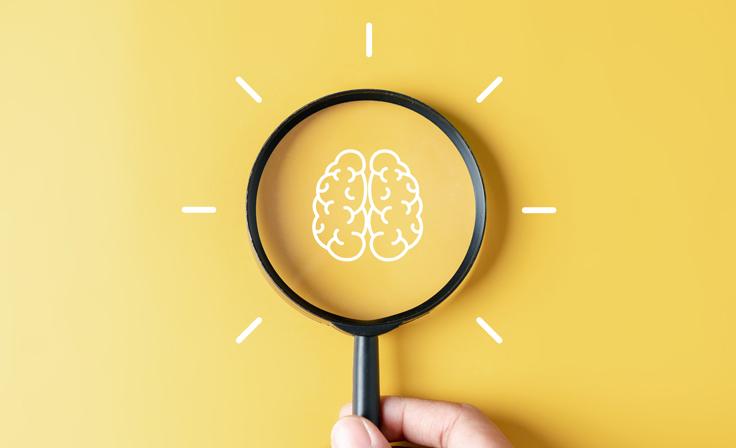 A hand holding up a magnifying glass to an illustration of a brain.