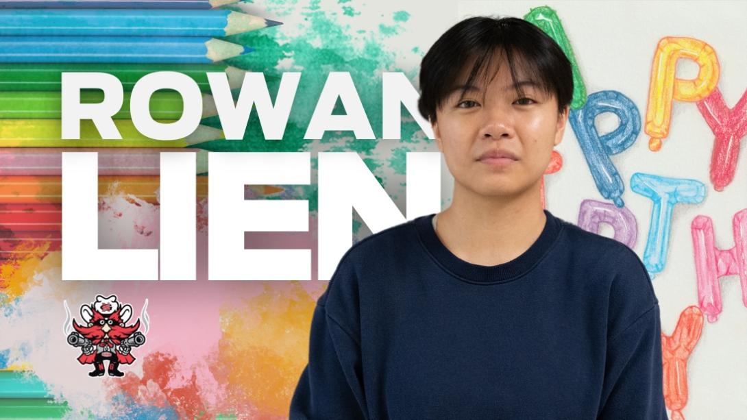 Rowan Lien stands in front of a colorful background with his name written in block text behind him