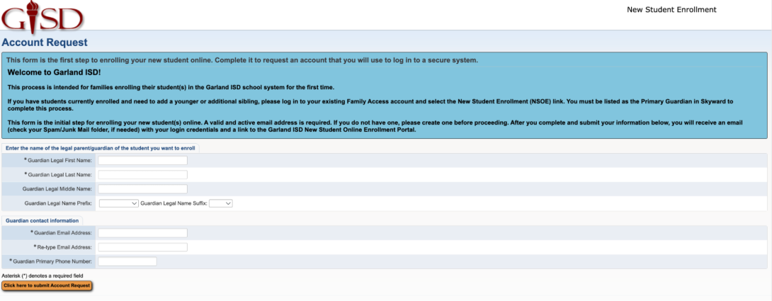 Screenshot of Skyward Account Request Form