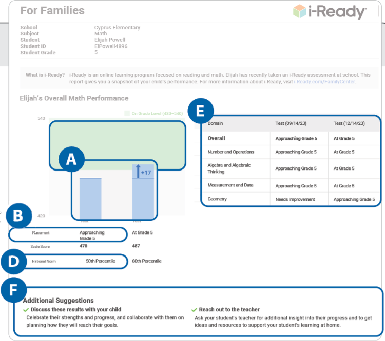 (A)blue bar(s) graph (B) Placement levels (C) Performance (D) National Norm Percentile (E) Domain Table