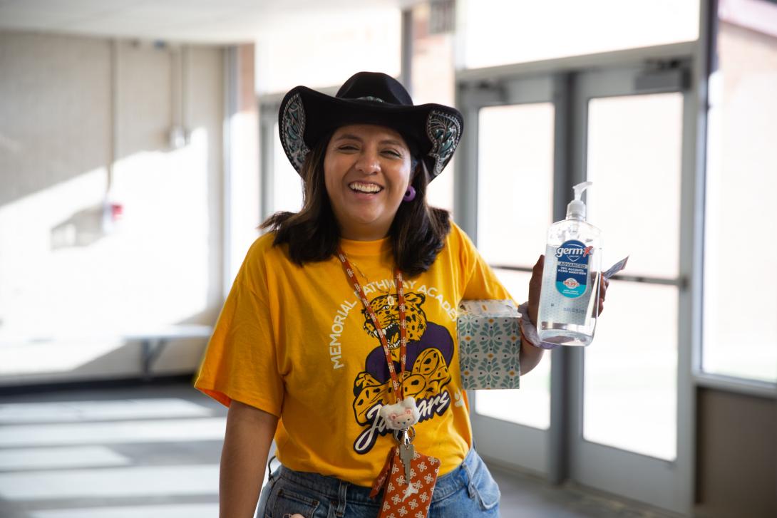 Female teacher smiles