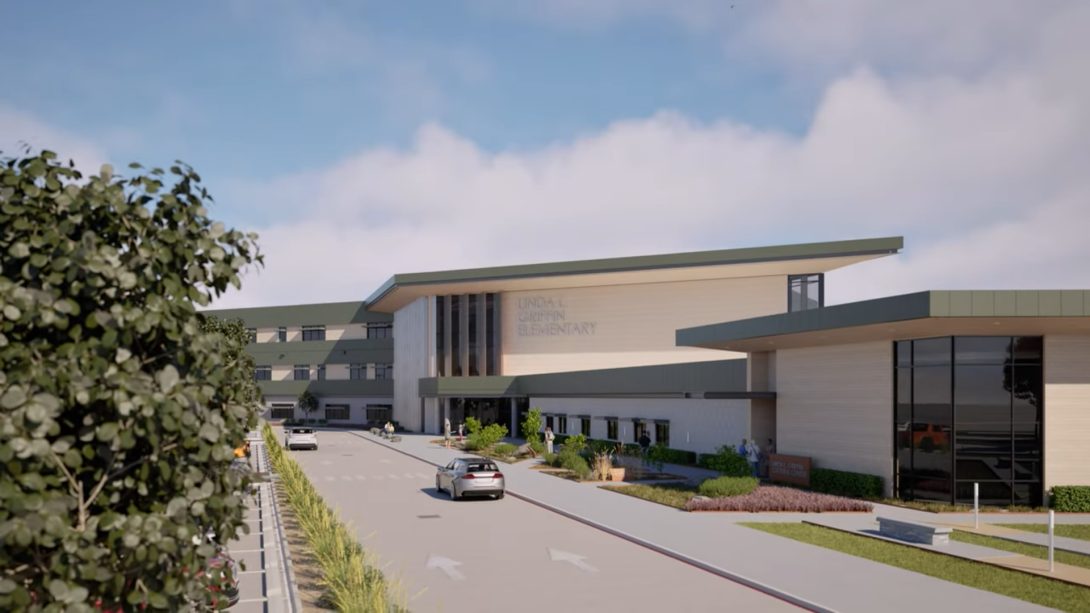 Digital design rendering of the exterior of a new elementary school
