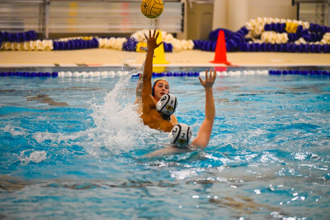 Three water polo players reach for the ball 