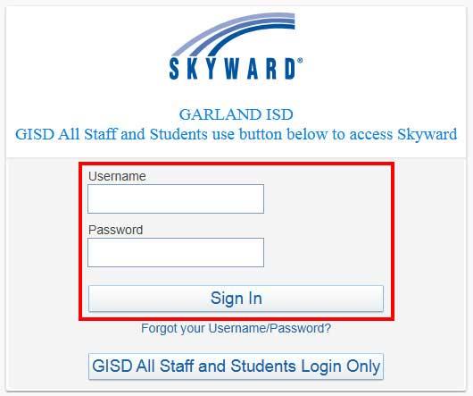 Screenshot of the Skyward login screen