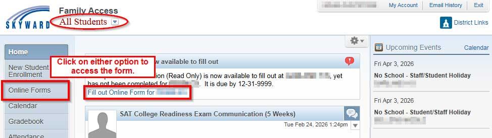 Skyward screenshot showing the Online Forms tab.