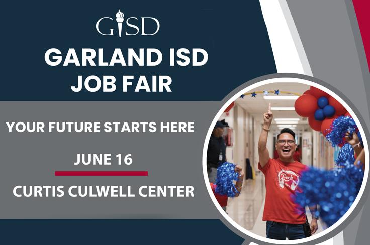 A graphic featuring a teacher holding up a finger like a "#1" with the text "Job Fair June 16"