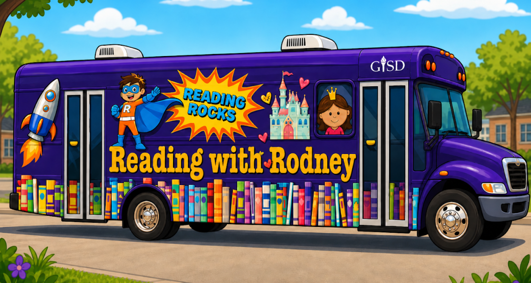 A cartoonized Reading with Rodney Mobile Library bus on a sunny day.