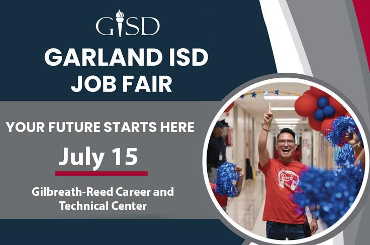 A graphic featuring a teacher holding up a finger like a "#1" with the text "Job Fair July 15"