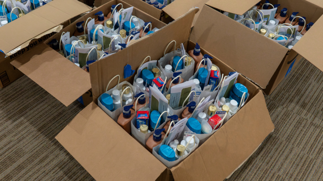 open boxes containing hygiene kits